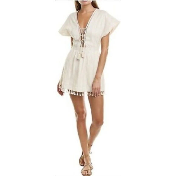 Ale by Alessandra Bruna Mini Dress Beige Boho Pom Pom Tassel Beach Revolve XS - Picture 2 of 6